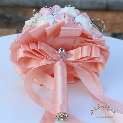 8.7" Pink Champagne & Ivory Bridal Wedding Bouquet Round Holding Bouquet Throw Toss Artificial Rose Flower Bunch for Bride Bridesmaid Wedding Quinceanera - color: Pink Champagne & Ivory, size: Medium (Dia. 8.7"/22cm)