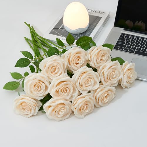 50Pcs Champagne Roses Artificial Flowers Artificial Silk Roses Bulk,Fake Roses Flower with Stems Realistic Flowers for Wedding Centerpiece Home Party Decor - color: 50pcs Champagne