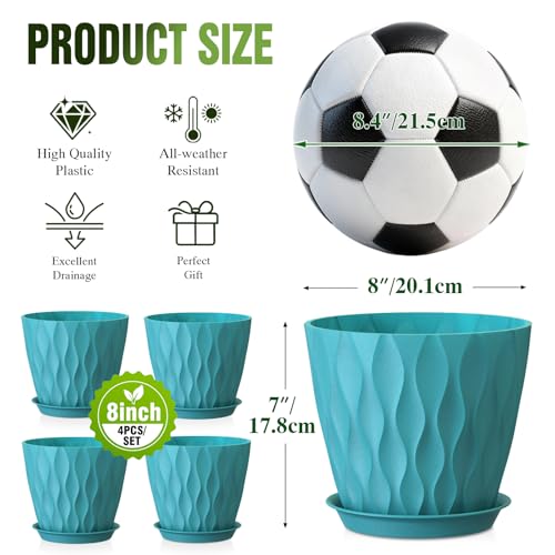 8 Inch Wave Plant Pots with Drainage Holes & Saucers, 4 Pack Modern Textured Medium Planters for Indoor Outdoor Plants, Decorative Flower Pots Repotting Set for Flowers, Herbs (Blue) - color: Blue