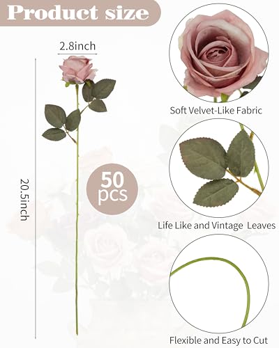 DuHouse 50pcs Artificial Silk Roses Realistic Fake Flowers for Wedding Decorations, Table Centerpieces, Bridal Bouquets, DIY Floral Arrangements, Party & Home Decor(Pink) - color: Fall Pink