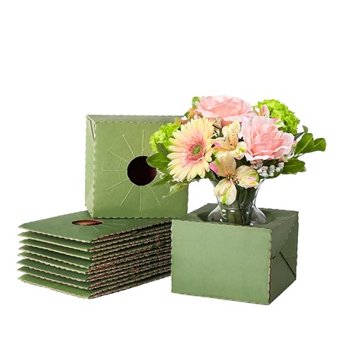 Holiday Designs - Pop-Up Florist Delivery Box, Heavy Duty Corrugated Cardboard Vase Boxes for Secure Floral Arrangements During Transport, 6.5 x 6.5 x 4.5 (Medium - 10 Pack) - color: Green, size: Medium: 10 Pack