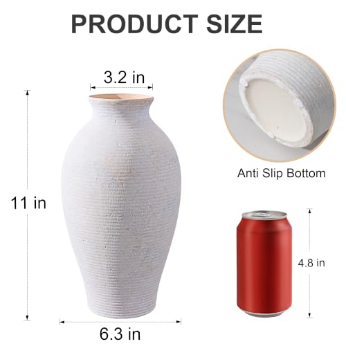 Ceramic Flower Vase Home Decor, 11 in Farmhouse Table White Vases Rustic Vintage Living Room Kitchen Bedroom Decorations Pottery Decorative Vases for House Shelf Office Coffee Desk Dining Fireplace - color: 11 in - White