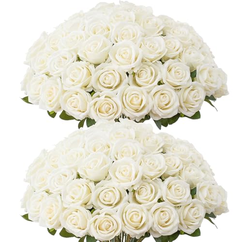 50 PCS Fake White Roses, Artificial White Flowers Bulk Realistic Silk Faux Roses with Stems for Wedding Decorations Table Centerpieces Bridal Bouquet DIY Floral Arrangement Event Party Home Decor - color: White, size: 50 Pcs