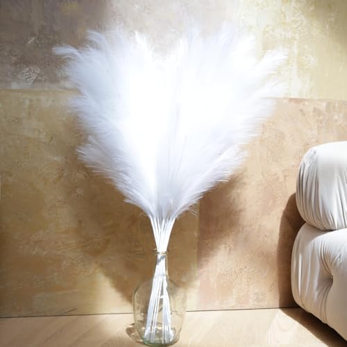 White Pampas Grass Tall, 9 PCS 43''/ 110 cm Large Fluffy Faux Pampas Grass, Fake Pompas Branches, Long Feathers for Floor Vase, Boho Flower Arrangement for Home Wedding Decor (White) - color: White