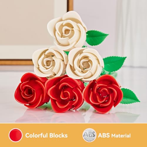 Rose Flower Bouquet Building Set: Artificial Flowers Botanical Collection Blocks Kit for Women Girls Wife Adults Home Decor Thanksgiving Christmas Mother's Day Valentine's Gifts 6-Pack - color: 3 Red & 3 White