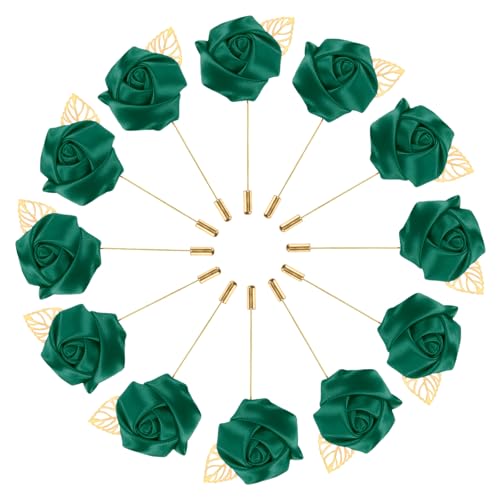 M METERXITY 12-Pack Flower Lapel Pins for Men, Golden Leaf Rose Boutonnieres Pin for Wedding/Dance/Party, Mens Lapel Pins for Suits Satin Flower Corsage Hat Pins [Dark Green] - color: Dark Green