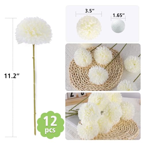 Rowfad 12 Pcs Artificial Chrysanthemums Flowers Silk Ball White Flowers Fake Mums Spring Flowers for Valentine‘s Day Wedding Home Decor (12, White) - color: White