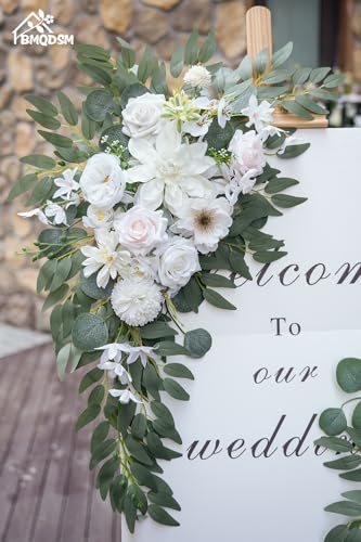 Artificial Wedding Arch Flowers Set of 2, Faux Floral Swag for Wedding Welcome Sign, Ceremony and Reception Backdrop Decoration (White) - color: White