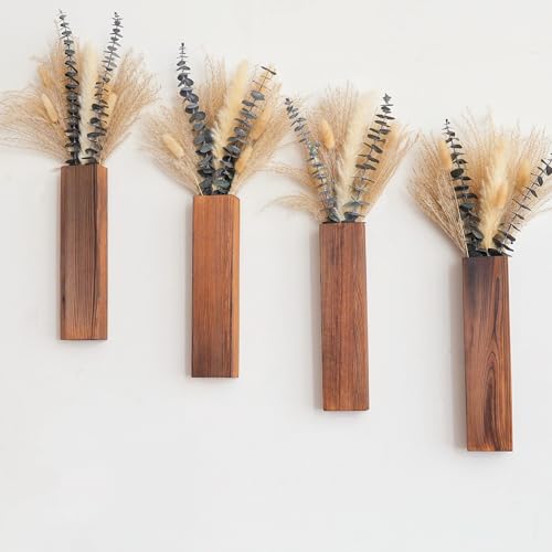 Wall Vase Set of 4 – Wooden Hanging Vases with Pampas Grass & Eucalyptus Dried Flowers – Modern Farmhouse Home Decor for Living Room, Entryway, Bathroom, Hallway & Dining Room - style: B