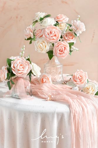 Ling's moment Artificial Flowers Fake Roses Faux Foam Gardenia Combo for DIY Wedding Bouquets Centerpieces Arrangements Bridal Shower Party Home Decorations, Blush & White, 24pcs - color: Pk-blush & White