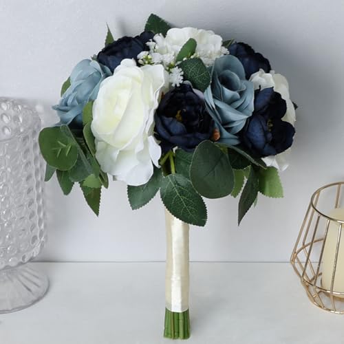 Set of 2 Navy, Dusty Blue & White Silk Rose & Peony Bridesmaid Bouquets, 11 Inch Round Wedding Decorations - color: Navy & Dusty Blue, size: Set of 2 Bouquets