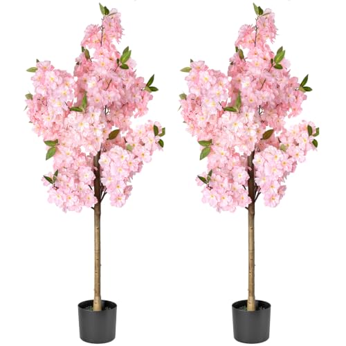 Set of 2 Artificial Cherry Blossom Trees 4FT, Faux Pink Sakura Blossom Flower Tree with Secure Heat-Fused Petals & Base, Realistic Potted Fake Plants for Home Office Wedding Indoor Decor - color: Cherry Blossom Tree 2p Pink
