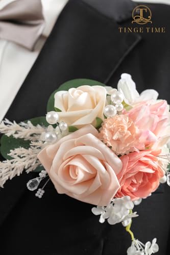 TINGE TIME Boutonniere for Men Wedding,Groom and Best Man Boutonniere for Wedding, Prom, Homecoming, Anniversary, Graduation, Christmas Dinner (1, Champange&Pink) - color: Champange&pink