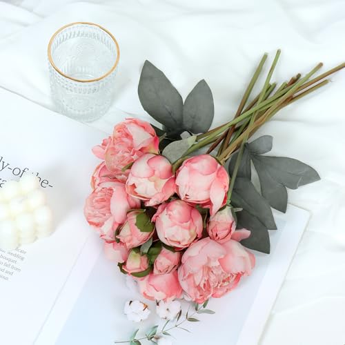 TOCHGREEN Artificial Peonies Silk Flowers 2 Bouquets Vintage Fake Peonies 14pcs Heads Faux Peony Flowers with Stems for Home Wedding Table Decoration Bridal Bouquet Floral Arrangement (Pink, 2PCS) - color: Pink
