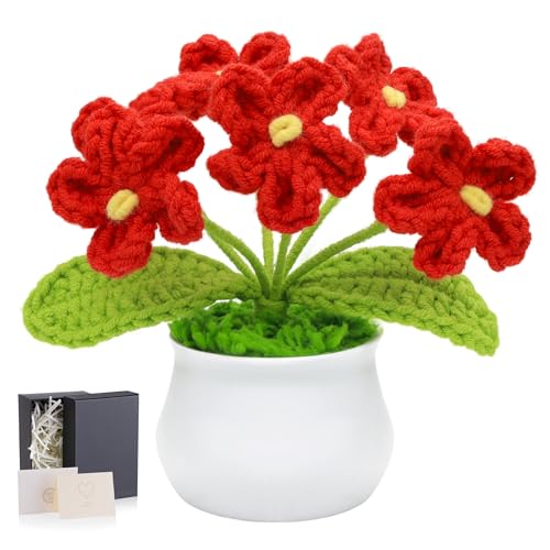 LAIDANLA Crochet Flowers Forget Me Not, Red Crochet Flower Potted Plant for Desk, Handmade Anniversary Graduation Birthday Small Gifts for Women Teacher Mom Coworker Friend - color: Red