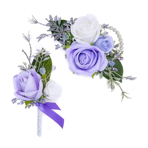 Rose Corsage and Boutonniere Set, 2PCS Handmade Artificial Flower Bride Wrist Corsage Wristlet Bracelets Wristband Men Boutonniere for Wedding Prom Suit Decorations (Purple) - color: Purple
