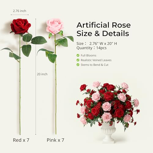 Auihiay 14PCS Red and Pink Artificial Roses, Lifelike Silk Fake Roses Bouquet with Long Stem for Father's Day, DIY Bouquets, Wedding Table Centerpieces & Party Home Decor - color: Red & Pink