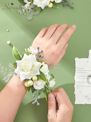 Serwalin 2Pcs Corsage and Boutonniere Set,White Rose Corsage Wristlet and Pocket Boutonniere for Prom Wedding Homecoming Anniversary Graduation - color: Athens White