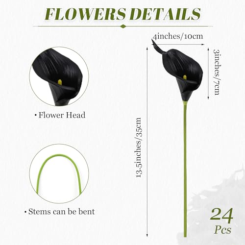 24 Pcs Black Artificial Calla Lily Flowers Fake Black Silk Flowers Real Touch for Wedding Bouquet Office Home Kitchen Decor - color: Black