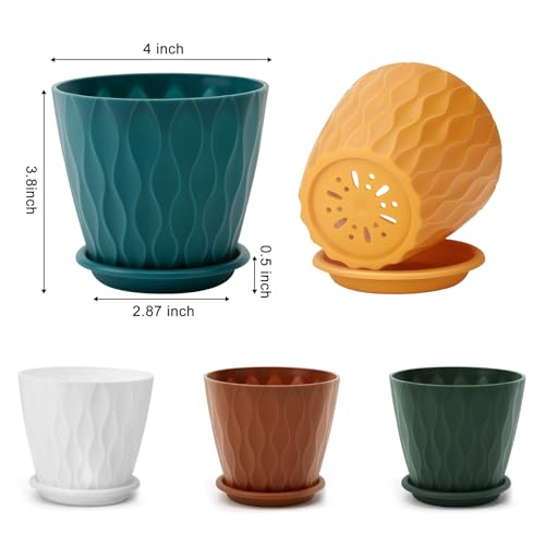 YNNICO 4 inch Plant Pots, 5 Pack Flower Pots Outdoor Indoor, Planters with Drainage Holes and Tray Saucers (Multicolor) - color: Multicolor, size: 4 inch