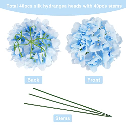 JPSOR 40pcs Artificial Hydrangea Silk Flower Heads with Stems, Fake Flowers for Wedding Centerpiece Home Garden Party Decoration (Blue) - color: Blue