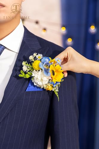 TINGE TIME Sunflower Boutonniere for Men Wedding,Groom and Pocket Boutonniere for Wedding, Prom, Homecoming, Anniversary, Graduation, Christmas Dinner - color: Sunflower&royalblue