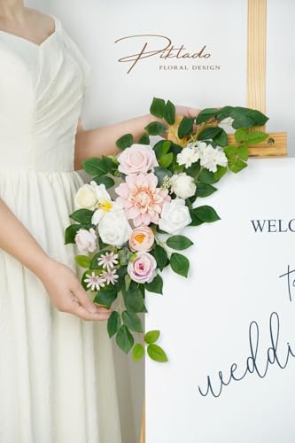 Wedding Decor (Pack of 2) Welcome Sign Flower Backdrop Garland for Ceremony Reception Wall Easel Home Decoration Entryway Faux Outdoor Board Head Table Decor (Blush) - color: Blush
