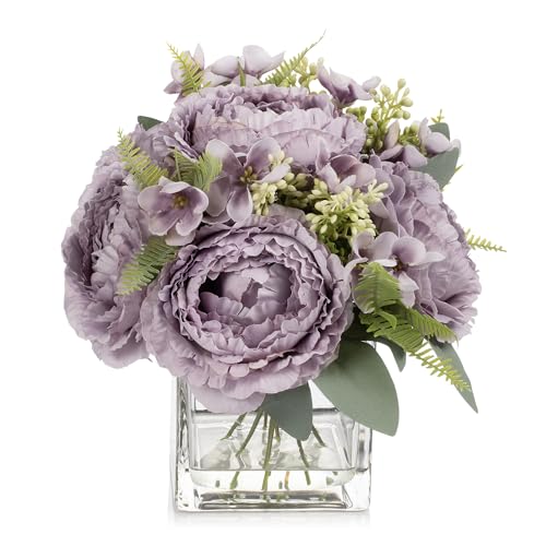 ENOVA FLORAL Artificial Flower Arrangement with Vase,Mixed Artificial Silk Peony Flower in Vase for Decoration Home Office, Wedding Centerpiece (Purple02) - color: Purple02