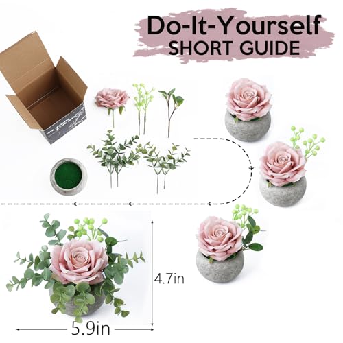 mizii DIY Small Artificial Flowers Potted Kit Fake Flower Realistic Silk Rose and Greenery with Vase for Gifts Table Centerpiece Mantle Office Desk Shelves Living Room Decorations (Light Pink) - color: Light Pink