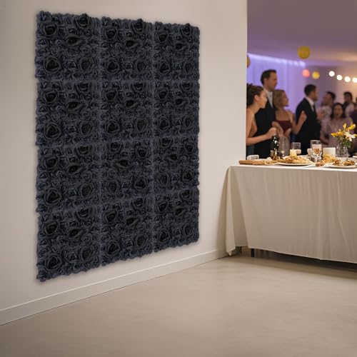 12PCS Black Rose Flower Wall Panels, 3D Artificial Silk Floral Background Decor for Wedding Party Indoor Outdoor Home Decoration (15x15in) - color: 12pcs Black Roses