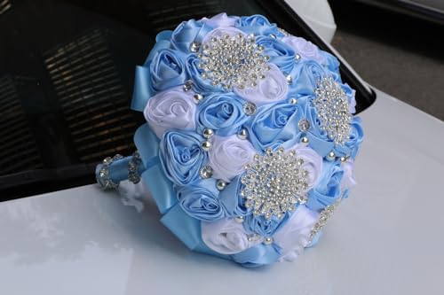 Light Blue and White Wedding Bridal Bouquet for Bride Bridesmaid Quinceanera with Bling Snowflake Brooch Rhinestone Pearl Satin Rose Flower Bouquet Wedding Light Blue and White 8.7in - color: Light Blue & White(silver Snowflake), size: Diameter: 8.7 inche
