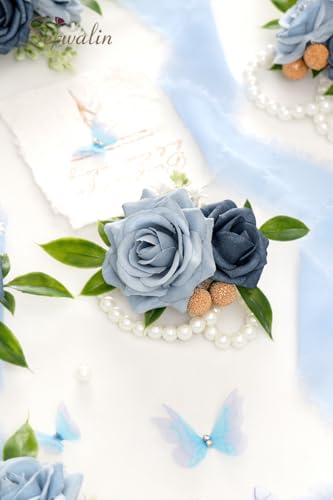 Serwalin 6Pcs Blue Corsage Wristlet for Wedding, Corsages Wristlet for Bridesmaid Mother Grandmother, Artificial Flowers for Prom Ceremony Anniversary - color: Dusty Blue, size: Corsage 6pcs