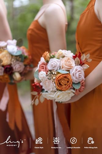 Ling's moment Artificial Flowers Fake Silk Roses Faux Foam Flower Combo for DIY Wedding Bouquets Centerpieces Arrangements Bridal Shower Party Home Decorations, Orange & Dusty Rose, 21pcs - color: Or-orange & Dusty Rose
