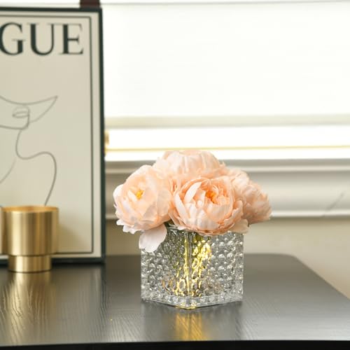 Artificial Peony Silk Flower Centerpieces with LED Light Faux Floral Arrangement in Glass Vase for Home Wedding Table Decoration (Blush Peach) - color: Light-blush Peach