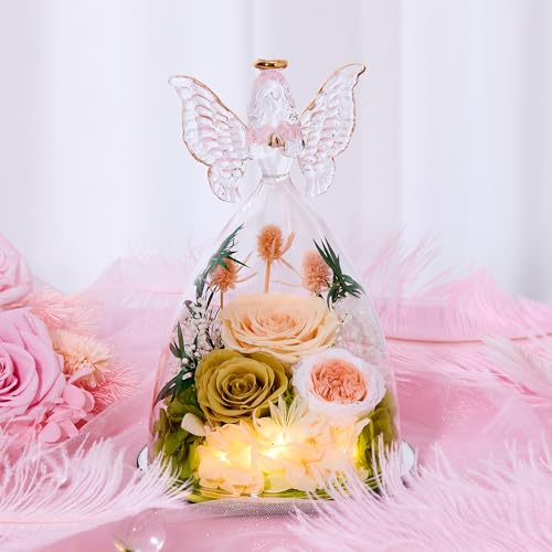 Mothers Day Rose Gifts for Women Preserved Real Flower in Glass Angel Figurines Roses for Delivery Prime Birthday Gifts for Mom Grandma Girlfriend Wife Her, ChampagneGold Austin - color: Champagnegold Austin