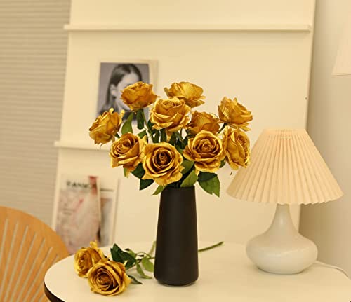 12 PCS Artificial Flowers Gold Roses Fake Silk Flower Long Stem Artificial Roses for Home Wendding Bathroom Party Decorations (Gold) - color: Gold