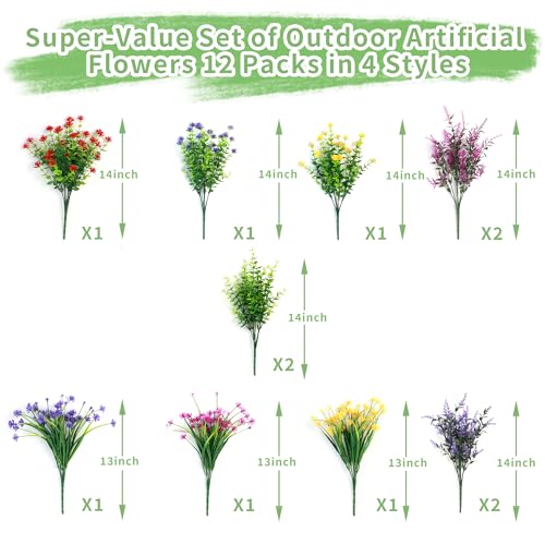12 Bundles Artificial Flowers for Outdoors UV Resistant, Artificial Flowers Outdoor Decoration, No Fade Faux Fake Flowers Greenery Shrub Plants for Garden Home Front Porch Window Hanging Decor - color: Red+rose Red+purple+yellow, size: 12 Bundles