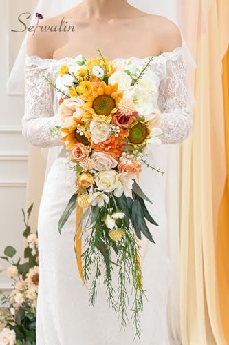 Serwalin 11 Inch Wedding Bouquets for Bride Bridesmaid, White Bridal Bouquets for Bride, Wedding Flowers Bouquet Tossing Bouquet, Wedding Ceremony and Anniversary Day Decor - color: Vivacious Sunflower