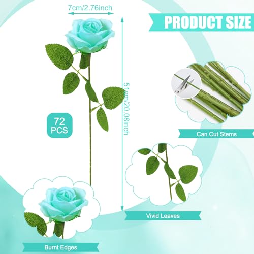 72 Pcs Artificial Roses Turquoise Fake Silk Roses Realistic Roses Faux Flower Indoor Wedding Home Decor, Birthday Decorations - color: Turquoise