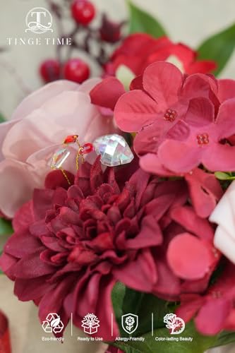 TINGE TIME 7 Inch Wedding Bouquets for Bridesmaid, Artificial Flowers Cascading Bridal Bouquet for Wedding (Burgundy & Pink, Set of 4) - color: Burgundy & Pink