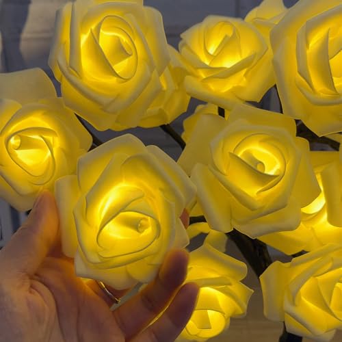 Drawelry Rose Flower Tree Lamp - LED Rose Tree Table Lamp USB/Battery Powered Artificial Bonsai Flower Night Light for Bedroom Living Room Party Wedding Valentines Mothers Day Decor (Cream) - color: Cream