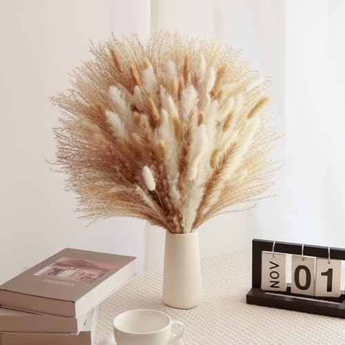 Dried Pampas Grass Bouquet White and Brown Boho Floral Arrangement Wedding Decor and Rustic Home Decor Faux Pampas Grass Tall Centerpiece for Table and Vase (Beige Cloud Bouquet) - color: Beige Cloud Bouquet