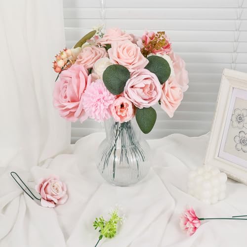 Artificial Flowers Combo Box Set Pink Roses Floral Fake Flowers Realistic Touch Flowers with Stems for Wedding Bouquets Table Centerpieces Home Decor - color: Pink Roses