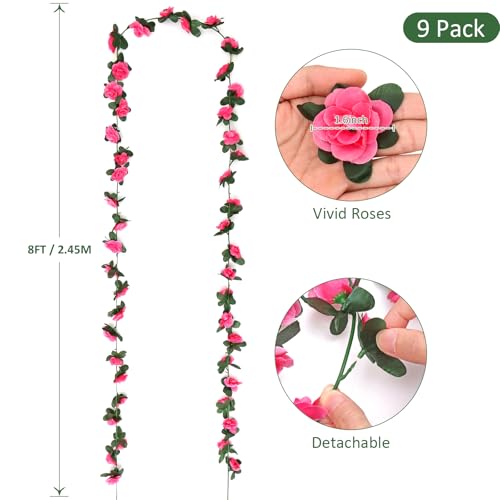 KHOYIME 9 Pack 72 FT Artificial Flower Garland, Fake Hot Pink Roses Vines Silk Flowers Faux Plastic Outdoor Hanging Floral Ivy Garland Decoration for Wedding Arch Bedroom Home Wall Backdrop Room Decor - color: Hot Pink, size: 9pcs