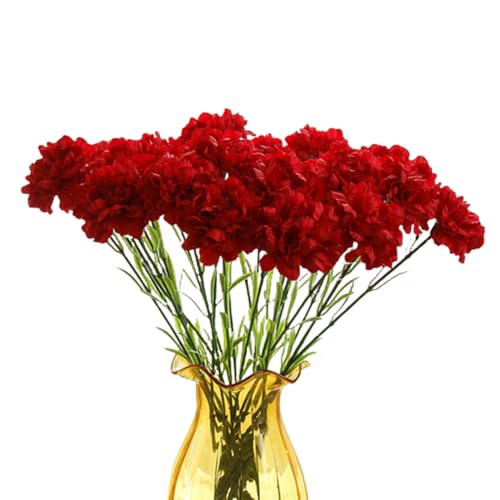 10 Stem Bouquet of Red Artificial Silk Flower Carnations,Single Flower Head 20" Bouquet and Green Leaf for Home Decor Table Centerpieces Bridal Wedding Party Birthday Cake Ornaments - color: Red