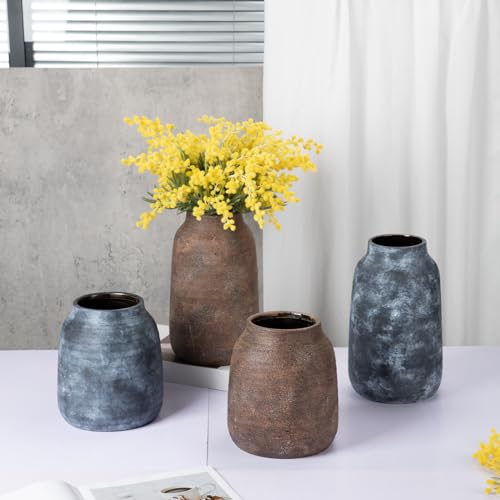 Briful Tall Rustic Ceramic Vase 9.6” – Vintage Distressed Pottery Flower Vase with Antique White-Wash Finish – Farmhouse Table Decor & Shelf Accent (Not Waterproof), Brown - color: Brown, size: 9.6 Inch