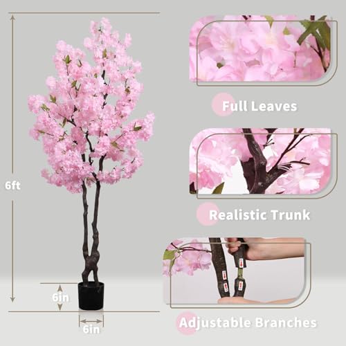 Faux Pink Cherry Blossom Tree 6ft(72in) Tall Artificial Japanese Sakura in Pot Realistic Cherry Plant Decor Handmade Natural Fake Pink Flower Tree for Wedding,Living Room,Spring Decor - color: Cherry Blossom(pink 9), size: 6ft