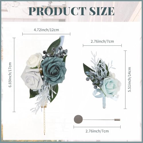2Pcs Wedding Corsage and Boutonniere Set Blue Rose Corsage Wristlet and Boutonniere for Men Women Groom Bride Bridesmaid Groomsmen Wedding Party Accessory Prom Decoration (Blue) - color: Blue
