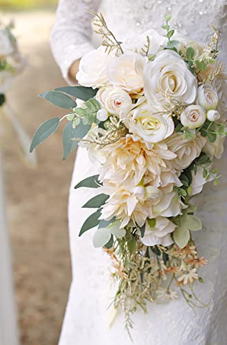 Ansofi Cascading Bouquets for Bride Beige Rose Artificial Bridal Bouquet for Boho Rustic Wedding Ceremony Anniversary - color: Bridal Bouquet