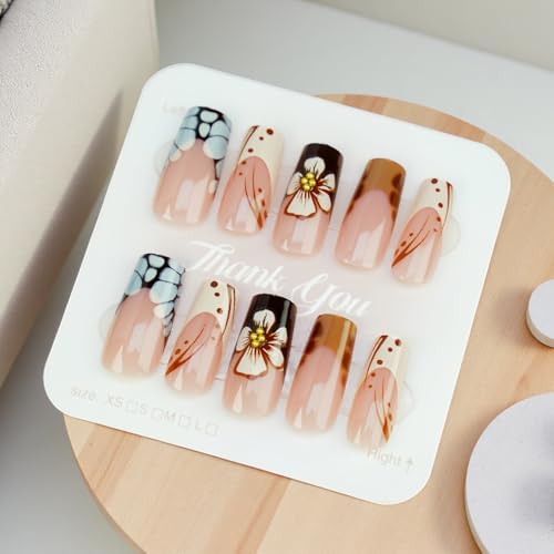 24Pcs Fall Press on Nails Medium Square Fake Nails with 3D Flowers Gold Beads False Nails Autumn Winter Flower Full Cover Glue on Nail Brown Flower Artificial Stick on Nails for Women Manicure